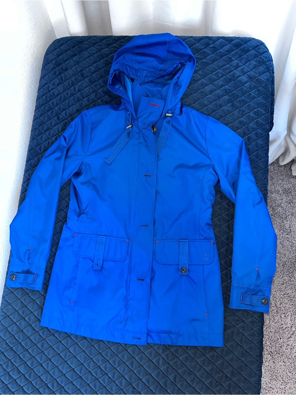 Lands' End Royal Blue Hooded Trench Coat Rain Jacket Women’s XS Button/ Zippered